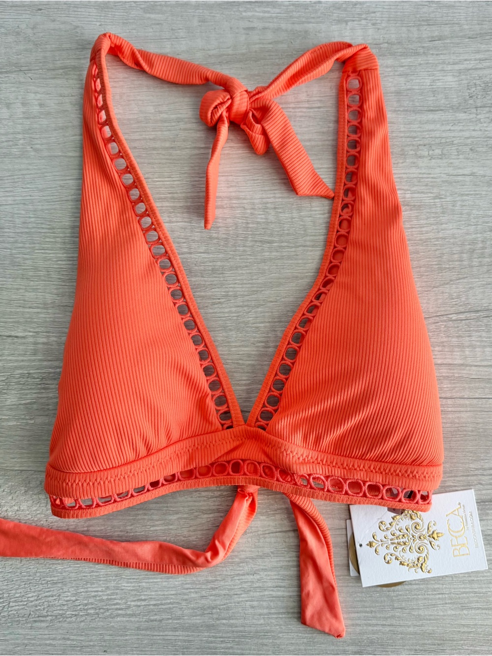 Becca Women's Orange Modern Edge Rib-Knit Halter Bikini Top Size Small